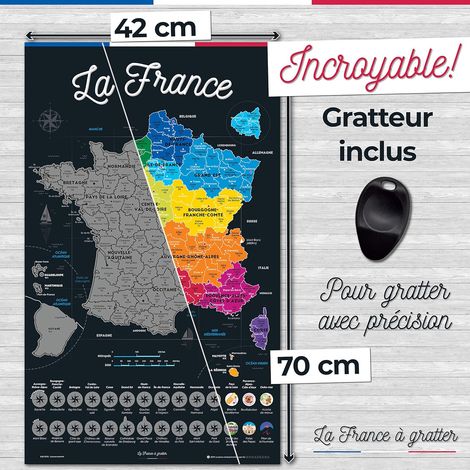 Carte de France à Gratter - 70x42 cm - Poster à Gratter les Régions & Départements Français Visités avec Plats & Lieux - Carte Cadeau Murale voyages - Scratch Off Map (1/4)