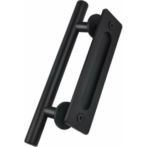 Poignée de porte, poignée de porte coulissante vintage 30 cm/11" en acier inoxydable noir à tirage plat poignée de porte coulissante en bois (1/5)