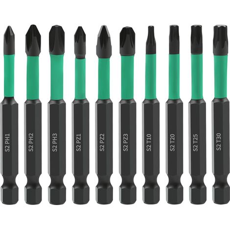 Lot de 10 embouts de tournevis cruciforme PoziDriv Torx - 70 mm de long - Embouts magnétiques à tige hexagonale 1/4" - Embouts cruciformes Pozi Torx - En acier S2 (1/5)