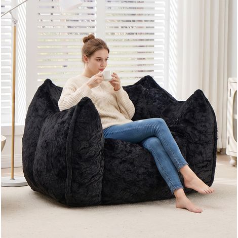 Fauteuil pouf en fausse fourrure noir pour salon HAVRYA (1/5)