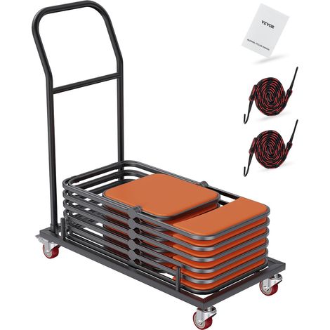Chariot de Chaise Pliante, Chariot Commercial en Fer capacité 12 chaises Chariot à Support chaises 4 roulettes, Transport Stockage de chaises empilables à Plat en résine Plastique et Bois, Noir (1/5)