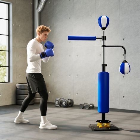 Support de boxe avec 2 speedballs, barre pivotante, hauteur réglable, bleu HAVRYA (1/4)
