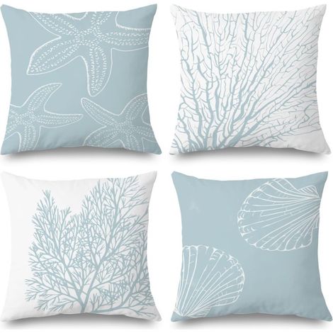 Set di 4 federe double-face, 45 x 45 cm, motivo marino (stella marina, conchiglia, corallo), azzurro.