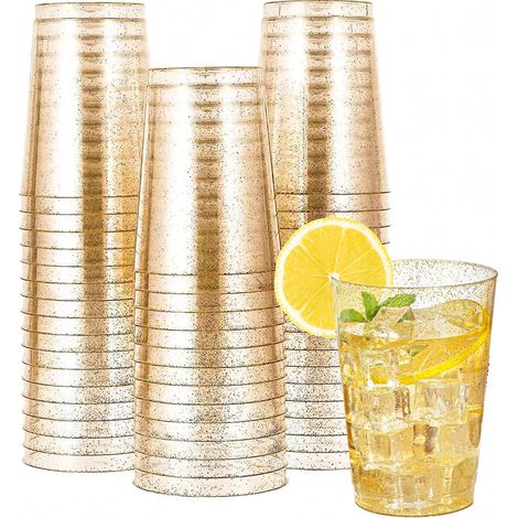 Lot de 50 Gobelets Réutilisables 280ml Paillettes Or Rose - Tasses Plastique Transparentes Sans BPA pour Fête Mariage Cocktail (1/4)