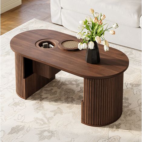 Couchtisch aus MDF in Nussbaumoptik 105 x 50 x 46,5 cm, oval mit Ablagen (1/5)