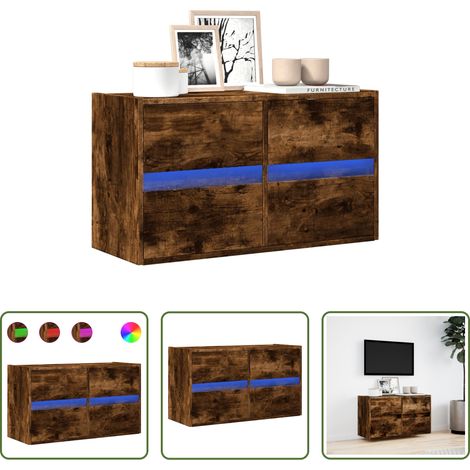 Armoire TV murale - Meuble TV mural avec lumières LED chêne fumé 80x31x45 cm (1/5)