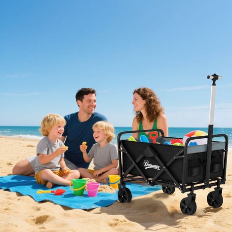 Klappbarer Gartenwagen mit 4 Rädern, verstellbarer Grifflänge und -winkel, 70 l Fassungsvermögen, 77 x 50 x 63–93 cm, Schwarz