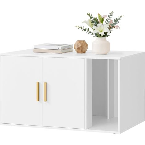 Meuble Litière Chat, Cache-litière pour Chats Moderne, Entrée Frontale, Portes Doubles, avec Poignées, comme Table d'Appoint, pour Salon, 80 x 50 x 45 cm, Blanc Mat PCL020WB02 (1/5)