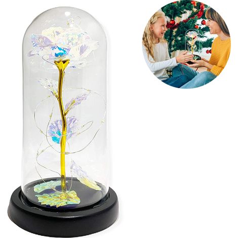 Lampe rose en soie, feuille d'or rose et guirlande lumineuse LED sur dôme en verre, socle en bois, cadeau romantique pour anniversaire, mariage ou Saint-Valentin (1/5)