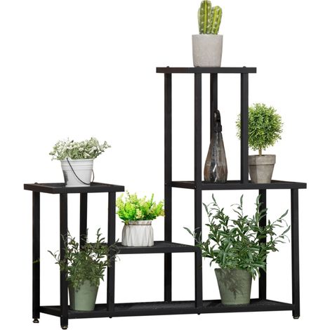 Étagère, en métal, 4 niveaux de rangement, noir, 91 x 25 x 83 cm, pour jardin et terrasse, support pour plantes pour jardin, balcon