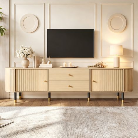 Meuble TV bas ovale arrondi 180x40x58cm avec portes coulissantes ,2 tiroirs,meuble TV pour 75 pouces,aggloméré,MDF et métal,effet bois (1/5)