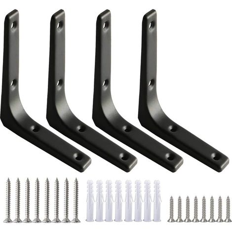 4Pcs Equerre Etagere Murale Noire Equerre Charge Lourde Equerre Fixation 100 x 100mm Support d'Étagère en L Robuste Épaisseur 7,5mm avec Vis pour Étagère Suspendus Placard Déco(Acier) (1/5)