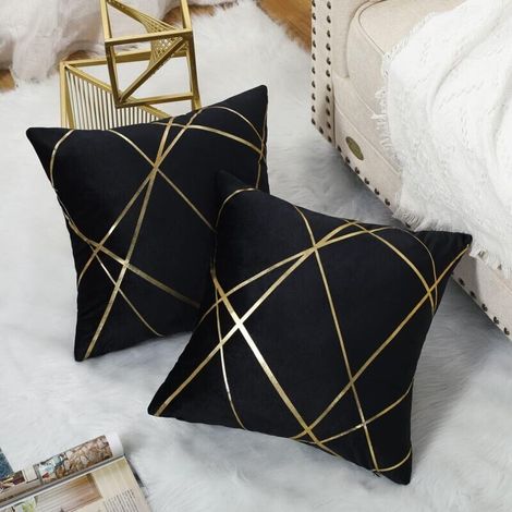 Housse de Coussin 45×45cm Velours Coussin Noir Décoratifs Housses d'oreiller Lignes Dorées Géométrie Coussin Salon Chambre Banc Taie Coussin canapé Lot de 2-- (1/5)