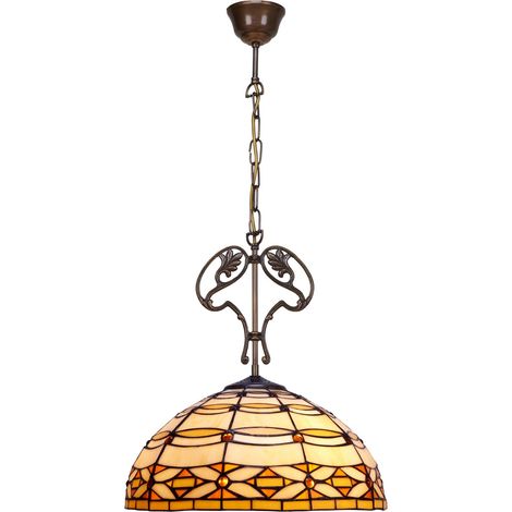 Lampe à suspension de plafond de plus grand diamètre 40 cm avec chaîne et ornement en fonte Série Tiffany Ivoire