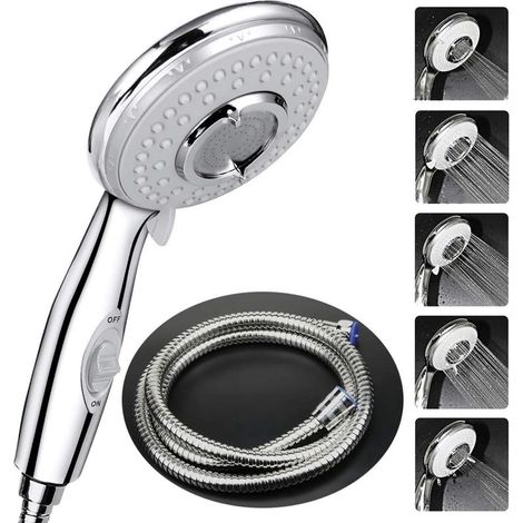 Pommeau Douche + 2 M Tuyau de Douche Flexible,Pommeau de Douche avec Tuyau, 5 Modes Economiseur d'eau et bouton de l'interrupteur, Haute Pression Douchette Pommeau Acier Inoxydable-RAPANDA (1/5)