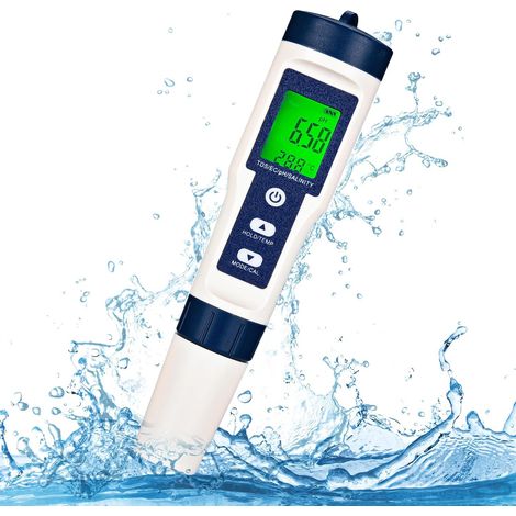 Elektronisches 5-in-1-pH-Meter-Testgerät, misst pH-Wert, TDS, EC, Salzgehalt und Temperatur, Wasserqualitätstester, LCD-Bildschirm und genaue Messwerte (1/4)