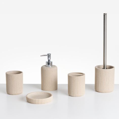 Conjunto de 5 accesorios de baño jabonera dispensador de jabón escobilla de inodoro vaso soporte para cepillos de dientes beige claro Camana