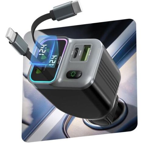 4 en 1 Chargeur Allume Cigare Voiture USB C 65W,80cm Câble Rétractable et Éclairage Ambiant,Charge Rapide Chargeur Voiture avec USB-C/USB-A 12V/24V pour iPhone,pour Samsung Galaxy (1/4)