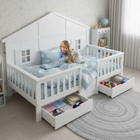 Holzbett, Einzelbett, Kinderbett, Zwei große Schubladen mit Rollen, Mit Schöne Fenster und Dach, Stabiler Lattenrost, Kiefer + MDF+Sperrholz