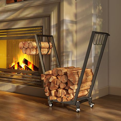 Indoor Log Holder with Side Hooks, Wheels, Max Load 50 kg, 79 x 30 x 81 cm, Black Metal, Firewood Storage (1/5)