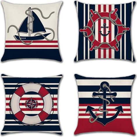 Ensemble de 4 housses de coussin d'été, style côtier, bateau à barre franche et ancre (1/5)