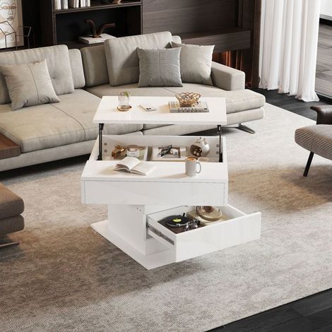 Table basse - WESTYLE - 70x70x45 cm - Plateau relevable - Pivotant 360° - 1 tiroir rangement dissimulé (1/5)