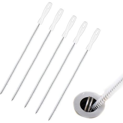 Desatascador de fregadero，5 piezas，Limpiador de desagües，Fregadero atascado，Herramienta de extracción，Cepillo de limpieza，Blanco，45 cm (1/5)