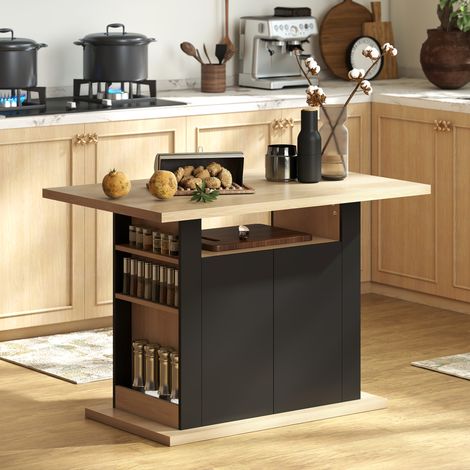 Table à manger ilot central cuisine avec grand plan de travail 4-6 personnes placard 4 portes 110 x 70 x 75,5 cm noir