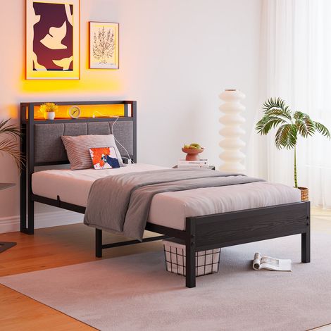 Cadre de lit 90x200 avec led, tête de lit ports usb, sommier métallique renforcé silencieux, sans matelas (1/5)