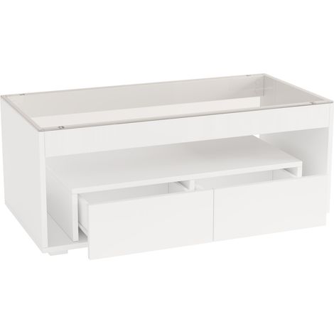 Mesa de centro rectangular con LED 100x50x40 cm vidrio templado 2 cajones blanco (1/5)