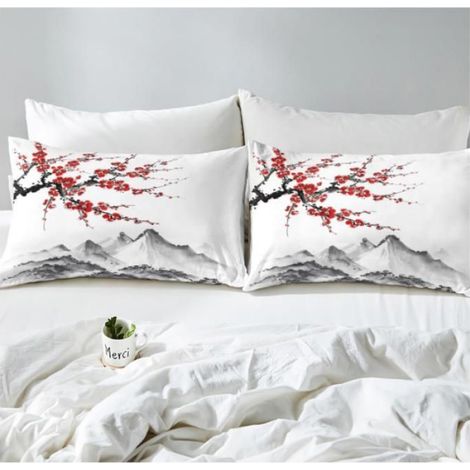 1 Housse de couette, motif fleurs de cerisier, peinture à l'encre, noir et blanc, 220x240cm, chambre (1/4)