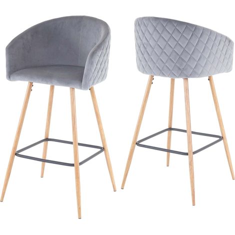 2x tabouret de bar HWC-D72, chaise bar/comptoir, avec dossier, tissu - velours, gris (1/5)
