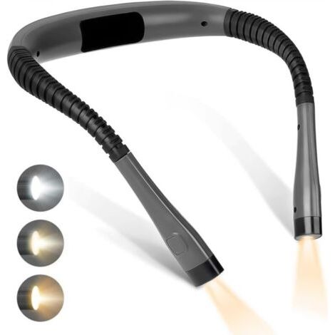 Lampe de lecture rechargeable pour le cou, idéale pour lire au lit. 3 couleurs et 3 niveaux de luminosité réglables. Design ergonomique avec bras flexible à 360°, parfait pour la lecture