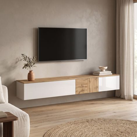Meuble TV suspendu blanc brillant – Chêne wotan – 200 cm de longueur – 35 cm de hauteur – 30 cm de profondeur – 3 portes battantes – Deladeco