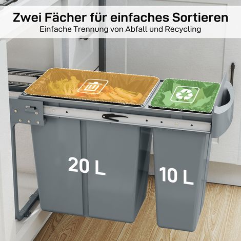 Poubelle extensible, récipient à déchets de cuisine avec 2 seaux amovibles, poignée, 30 litres (20 L + 10 L), métal, gris (1/5)