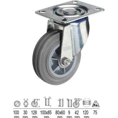 Roue Industrielle Plaque Caoutchouc Gris 100 mm.