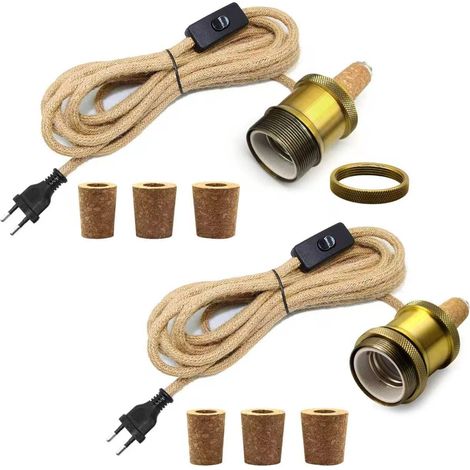 2PCS Adaptateur Bouteille pour Douille de Lampe, 240CM Corde de Chanvre Câble, Douille E27, Kit Lampe Bouteille, 3 Bouchons Souples, Support Lampe Bouteille, DIY Abat Jour, Bronze Couleur (1/5)