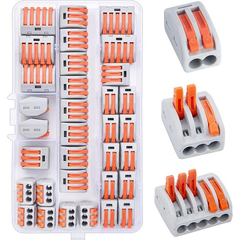 Connecteurs de Fil Compacts, 33pcs Connecteurs Electriques Push Fit Blocs de Connecteurs, Bornier Assortiment D'écrous à Levier avec 18pcs 3-port/10pcs 2-port/5pcs 5-port (1/5)