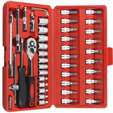 Lot de 46 outils clés à douille avec cliquet manche tournant métrique adaptateur tournevis coffret réparation auto et entretien domicile (1/5)