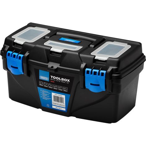 Draper 16-Inch Plastic Toolbox with Removable Tote Tray and Storage Compartments