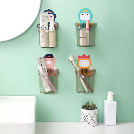 4 gobelets de lavage transparents muraux non marquants pour salle de bain, support de rangement mural multifonctionnel pouvant évacuer l'eau (1/5)
