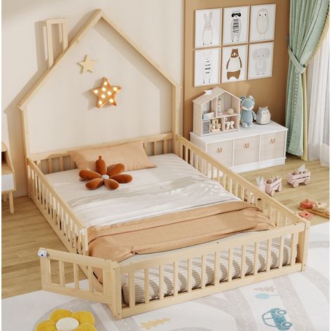 Kinderbett 140/200 cm natur aus Kiefernholz und MDF mit Schornsteinform und Sicherheitsgitter (1/5)