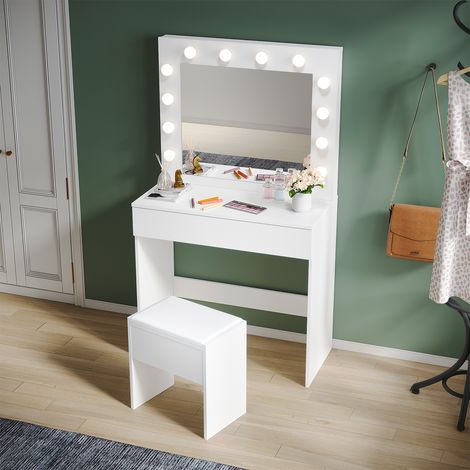 SIRHONA Tavolo da Trucco con Sgabello Imbottito Toeletta con 12 Luci Dimmerabili 3 modalità di illuminazione Con 1 cassetto e sgabello Tavolo da Trucco Stile Moderno Bianco 80x40x140cm (1/5)