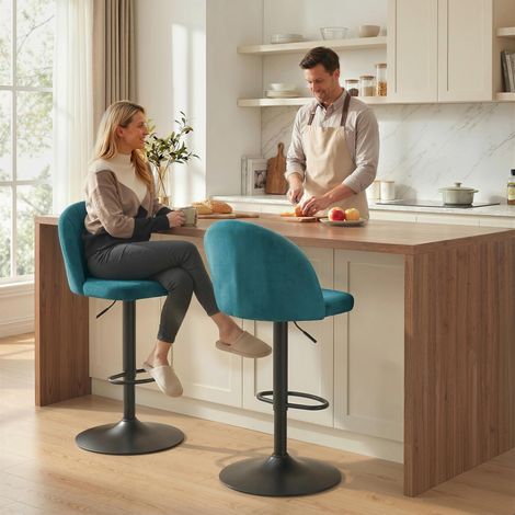 Ensemble de 2 tabourets de bar, tabourets modernes pivotants avec repose-pieds, bleu (1/5)