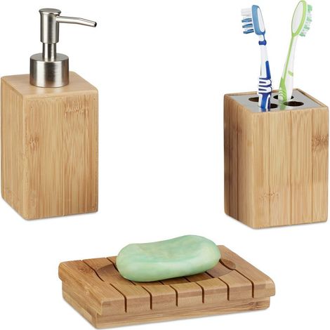 Ensemble d'accessoires salle de bain en bambou 3 pièces – Distributeur de savon, porte-savon, gobelet brosse à dents – Résistant à l'humidité (1/5)