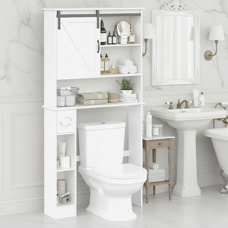 Meuble WC au-Dessus des Toilettes Blanc avec Porte Coulissante, Rangement (1/5)