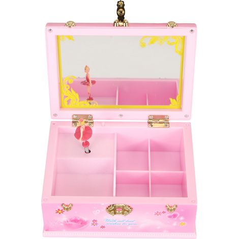 Une boîte à bijoux musicale spacieuse avec miroir et poignée, idéale pour ranger les colliers et bracelets des enfants.