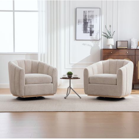 Sillón giratorio de chenilla 360° beige, base metálica redonda, asiento acolchado (1/5)