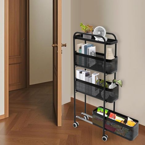 Schmaler 4-stöckiger Küchenwagen mit Rollen & ausziehbaren Körben – 15 cm schmales Rollregal für Küche, Bad, Wohnzimmer – Kohlenstoffstahl, belüftete Netzkörbe, Schwarz (40x15x89,5 cm) (1/5)