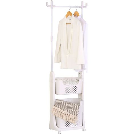 Portant à linge blanc avec barre de suspension et 2 paniers - Hauteur 177 x Longueur 42 x Profondeur 35 cm